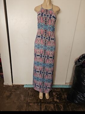 Halter-Style Maxi Dress in Blue and Pink Print